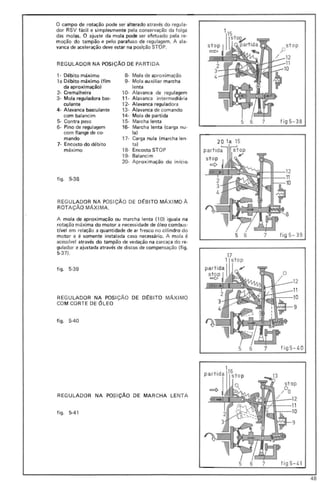 o campo de rotação pode ser alterado através do regula-
dor RSV fácil e simplesmente pela conservação da folga
das molas. O ajuste da mola pode ser efetuado pela re-
moção do tampão e pelo parafuso de regulagem. A ala-
vanca de aceleração deve estar na posição STOP,
REG ULADOR NA POSi ÇÃO DE PART IDA
, - Débito máximo 8- Mola de aproximação
la Débito máximo (fim 9- Mola au xiliar marcha
da aproximação) lenta
2- Cremalheira 10- Alavanca de regulagem
3- Mola reguladora bas- 11- Alavanca intermediária
culante 12- Alavanca reguladora
4· Alavanca basculante 13- Alavanca de comando
com balancim 14- Mola de partida
5- Contra peso 15- Marcha lenta
6- Pino de regulagem 16- Marcha lenta (carga nu -
com flange de co- la)
mando 17- Carga nula (marcha len-
7- Encosto do débito ta)
máximo 18- Encosto STOP
19- Balancim
20- Aproximação do início
figo 5-38
REGU LADOR NA POSiÇÃ O DE D~BITO MÁXI MO À
ROTAÇÃO MÁXIMA.
A mola de aproximação ou marcha lenta (10) iguala na
rotação máxima do motor a necessidade de óleo combus-
tível em relação a quantidade de ar fresco no cilindro do
motor e é somente instalada caso necessário. A mola é
acess ível através do tampão de vedação na carcaça do re-
gulador e ajustada através de discos de compensação Hig.
5-37) ,
figo 5-39
REGU LADO R NA POSi ÇÃO DE DtBITO MÁXIMO
COM CORTE DE ÓLEO
figo 5-40
REGU LADOR NA POSi ÇÃO DE MAR CHA LE NTA
figo 5-41
12
11
10
5 6 7 fig5 - 38
5 6 7 fig 5- 39
5 6 7
12
11
1--:--10
'JA.r.a-_ 9
f ig5-4 0
12
9
stop
/ °0
/
Tl·~'it---11
+-'--10
5 6 7 f ig5 - 41
48
 