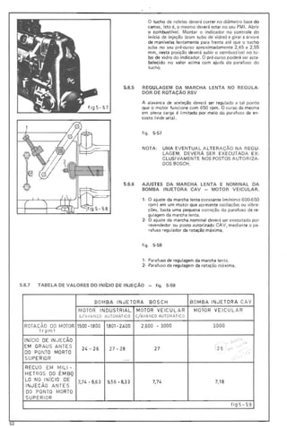 f ig 5
o tucho de roletes deverá correr no d iâmetro base do
cames, isto é, o mesmo deverá estar no seu PMI . Abrir
o combustível. Montar o indicador no controle do
inicio de injeção (com tu bo de vidro) e gi rar a árvore
de manivelas lentamente para frente até que o tucho
suba no seu pré-cu rso aproximadamente 2,45 a 2,55
mm, nesta posição deverá subir o combust (ve l no tu-
bo de v~dro do indicador. O pré-curso poderá ser esta-
belecido no valor aci ma com ajuda do parafuso do
tucho.
5.6.5 REGUlAGEM DA MARCHA LENTA NO REGULA-
DOR DE ROr AÇÃO RSV
A alavanca de aceleção deverá ser regulado a tal pon to
- 57 que o motor funcione com 650 rpm. O curso da mesm a
em plena carga é limitado por meio do parafuso de en-
costo (vide seta).
fig o 5-57
NOTA: UMA EVENTUAL A LTE RAÇÃO NA REGU·
LAG EM. DEVE RÁ SER EXECUTADA EX-
CLUSIVAMENTE NOS POSTOS AUTORI ZA-
DOS BOSCH.
5.6.6 AJUST ES DA MARCHA LENTA E NOMINAL DA
BOMBA INJETORA CAV - MOTOR VEICULAR.
,- O ajuste da marcha lenta const ante (míni mo 600-650
rpm) em um motor que apresente oscil ações ou vibra-
ções, basta uma pequena correção do parafuso de re·
gulagem da marcha lenta.
2- O ajuste da marcha nomi nal deverá ser executado por
revendedor ou posto autorizado CAV, me diante o pa-
rafuso regu lador da rotação máxima.
fig o 5-58
,- Parafuso de regulagem da marcha lenta.
2- Parafuso de regulagem da rotação máxima.
5.6.7 TABELA DE VALORES DO INfclO DE INJEÇÃO - figo 5·59
BOM BA INJETORA BOSCH BOMBA INJETORA CAV
MOTOR INDUSTRIAL
S/AVANC O AU TOMÁTICO
MOTOR VEI CUL AR
C/AVAN CO AUTOM ÁTI CO
MOfOR VEI CULAR
ROTA CAO DO MOTOR
(rpm)
1500 -1800 1.801- 2.4 00 2.800 - 3,000 3.0 00
INic IO DE IN JECÃO
EM GR AU S ANT ES
00 PONTO MORTO
SU PERIO R
24 - 26 27 - 28
--'
27 25
I
RECU O EM MILI -
MET ROS 00 ÊMBQ
LO NO INíCIO DE
INJE CÃO ANT ES
00 PONTO MORT O
SUP ER IO R
7,74-6,63 9,56 - 8,3 3 7,74 7,18
fig5 - 59
53
 