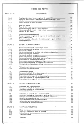 N? DO TEXTO
5.6.5
5.6.6
5.6.7
5.7
5.7.1
5.7.2
5.7.3
5.7.4
5.8
5.8.1
5.8.2
GRUPO 6
6.1
6.1. 1
6.1.2
6. 1.3
6.1.4
6.1.5
6. 1.6
6.1.7
6.1 .8
6.1 .9
6.1.1 O
6.1.11
6.2
6.2.1
6.3
6.3.1
6.3.2
6.3.4
6.3.5
6.3.6
GRUPO 7
7. 1
7.1.1
7.1 .2
7.1.3
7.2
7.2.1
7.2.2
7.2.3
7.2.4
7.2.5
7.2.6
GR UPO 8
8.1
8.1.1
8.1.2
8.1.3
8.2
fNDICE DOS TEXTOS
DENOM INAÇÃO PÁGINA
Regulagem da marcha lenta no regulador de rotação RSV..................... ............ 53
Ajuste das marchas lentas e nominal da bom ba injetora CAV - motor
veicular ............................................................................................................ 53
Tabela de valores do início de injeção ............................................................... 53
Porta bico injetor .............................................................................................. 54
Teste do biGO injetor ......................................................................................... 54
Ajuste da pressão de injeção - motor industrial................................................ 54
Ajuste da pressão de in jeção - motor veicular .................................................. 54
Li mpeza do bico injetor .................................................................................... 55
Dispositivo regulador de precisão ...................................................................... 55
Remove r e instalar o regulador de segmento de velocidade de rotação - motor
industrial e marítimo ........................................................................................ 55
Remover e instalar o dispositivo de micro-regulagem - grupo geradores -
geradores de bordo ............................................................................................ 56
SISTEMA DE ARREFECIMENTO 56
Sistema de arrefecimento por circulação interna.. ............................................. 56
Remoção e instalação do radiador........ ............................................................. 56
Controle do radiador. .............................. .. ........................................................ 57
Remoção e instalação do ventilador e da polia da bomba de água ..................... 57
Remoção e instalação da correia ....................................................................... 57
Controle da tensão da correia.. .......................................................................... 57
Remoção e instalação da válvula termostática ..................... .............................. 58
Remoção e instalação da bomba de água centrífuga .......................................... 58
Componentes da bom ba de água centrífuga ...................................................... 58
Desmontagem da bomba de água centrífuga...................................................... 58
Controle dos componentes da bomba de água centrífuga .................................. 59
Montagem da bomba de água centrífuga ........................................................... 59
Válvula termostética ......................................................................................... 60
Controle da válvu la termostática ....................................................................... 60
Arrefecimento indireto ............. ........................................................................ 60
Remoção e instalação da bomba au to-aspirante ................................................ 61
Composição da bomba auto·aspirante ............................................................... 61
Desmontagem e montagem da bomba au to·aspirante ........................................ 61
Remoção e instalação do intercambiador de calor ............................................ 61
Desmontagem e montagem da colmeia .............................................................. 62
SISTEMA DE AD MISSÃO DE AR 62
Filtro de ar seco - motor veicular ..................................................................... 62
Remoção e instalação do filtro de ar seco............................. ............................. 62
Lim peza do elemento do filtro de ar seco.. ........................................................ 63
Controle do elemento........................................................................................ 63
Filtro de ar em banho de óleo - motor industrial ............................................ 64
Remoção e instalação do filtro de ar em banho de ó leo ..................................... 64
Remoção do ciclone, respectivamente do protetor contra chuva ....................... 64
Etemoção do reservatório de óleo .............. .. ..................................................... 64
Desmontagem e lavagem do elemento do fi ltro ................................................. 64
Lavagem do reservatório de óleo ....................................................................... 65
Abastecimento do reservatório de óleo................... .................................. ......... 65
EQUIPAMENTO E L ~T R I CO 65
Motor de arranque ........................................................................................... 65
Remoção e instalação do motor de arranque ..................................................... 65
Substituição das escovas de carvão .................................................................... 65
Limpeza do coletor .............................. ............................................................ 66
Alternador ....................... ................................................................................. 66
VI
 