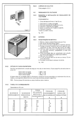 flg 8-7
8.2.3 LIMPEZA DO COLETOR
Vide parágrafo 8.1.3
8.3 R EGULADOR DE VO LTAGEM
8.3.1 REMOçA0 E INSTALAÇÃO
VO LTAGEM
DO REGULADOR DE
FERRAMENTAS
1 Chave de boca de 8 mm e 1 de 22 mm.
1· Desconectar os cabos de ligação.
2· Remover as porcas de fi xação dos coxins.
3· Remover o regu lador de rotação.
4- Soltar os parafusos de fixação do suporte .
5- Remover o suporte.
Instalar na ordem inversa.
figo 8-7
8.4 BATERIA
8.4.1 MA NUTENÇÃO DA BATER IA
1- Manter a bateria sempre limpa e seca por fora.
2- Nas células não deve entrar sujeira.
3· Os oriHcios de respiro deverão ser mant idos abertos.
4- Proteger as partes metálicas com graxa especial, prin-
cipalmente as faces inferiores dos bornes dos cabos.
5- Verificar cada 4 semanas o nível da so lução (no verão
em intervalos menores), completando o nível com
água destilada.
6- Ácido derramado deve ser com pletado com sol ução
do mesmo peso especffico, própria para bateria.
7- Não usar funil metálico.
8- O nível do ácido deve ser de mais ou menos 15 m m
acima das placas.
9- As placas nunca devem sobressair do ácido.
fíg8-8
figo 8-8
8.4.2 ESTADO DE CA RGA DA BATERIA
Verificar periodicamente o estado de carga por meio de um densímetro. O peso específico do ácido deve re-
sultar em:
Bateria bem carregada l,285al,23
Bateria meia carregada 1,23 al,18
Bateria descarregada 1,185 a 1,10
A bateria deve ser carregada cada 6 a 8 semanas, quando em serviço esporádico ou totalmente fora de uso,
todavia, o carregamento deverá terminar assim que as células comecem a gaseificar.
OBS. : Nunca coloque ferramentas ou peças metálicas sobre a bateria.
8.4.3 TABELA DE CAR REGAMENTO
Capacidade em Ah com
20 HORAS DE
CARREGAMENTO
10HORASDE
DESCARREGA-
MENTO
FORÇA
DE CA RREGA-
MENTO NO 1<?
CAR REGAMENTO
A
FOR ÇA DE
CARREGAMENTO
AO RECARREGA R
A
FORÇA DE
CA RGA CO M
CARGA RÁPIDA
A
56 50 3,5 5 40
70 62,5 4,5 6 50
84 75 5 7,5 60
89 87,5 6 9 70
105 94,5 6,5 9,5 70
112 100 7 10 80
13 5 122 B 12 90
180 162 11 16 100
67
 