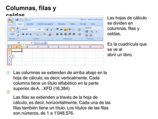Columnas, filas y
celdas Las hojas de cálculo
se dividen en
columnas, filas y
celdas.
Es la cuadrícula que
se ve al
abrir un libro.
1 Las columnas se extienden de arriba abajo en la
hoja de cálculo, es decir, verticalmente. Cada
columna tiene un título alfabético en la parte
superior, deA…XFD (16,384)
Las filas se extienden a través de la hoja de
cálculo, es decir, horizontalmente. Cada una de las
filas también tiene un título. Los títulos de las filas
son números, de 1 a 1’048,576.
2
 