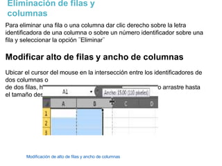 Modificación de alto de filas y ancho de columnas
Eliminación de filas y
columnas
Para eliminar una fila o una columna dar clic derecho sobre la letra
identificadora de una columna o sobre un número identificador sobre una
fila y seleccionar la opción ¨Eliminar¨
Modificar alto de filas y ancho de columnas
Ubicar el cursor del mouse en la intersección entre los identificadores de
dos columnas o
de dos filas, hasta que el cursor cambie a una cruz, luego arrastre hasta
el tamaño deseado.
 