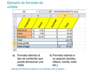 Ejemplo de formato de celdas por su contenido y por su aspecto
Ejemplo de formato de
celdas
a) Formato referido al
tipo de contenido que
puede almacenar una
celda.
b) Formato referido a
su aspecto (bordes,
relleno, fuente, color,
etc.)
 