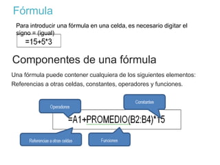 Fórmula
Componentes de una fórmula
Una fórmula puede contener cualquiera de los siguientes elementos:
Referencias a otras celdas, constantes, operadores y funciones.
Para introducir una fórmula en una celda, es necesario digitar el
signo = (igual)
 