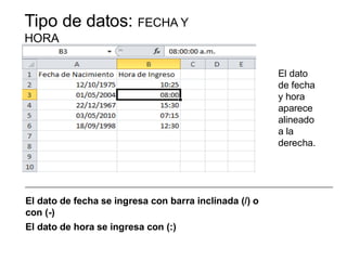 Tipo de datos: FECHA Y
HORA
El dato
de fecha
y hora
aparece
alineado
a la
derecha.
El dato de fecha se ingresa con barra inclinada (/) o
con (-)
El dato de hora se ingresa con (:)
 