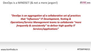 DevOps is a MINDSET (& not a mere jargon!)
5
“DevOps is an aggregation of a collaborative set of practices
that “influences” IT Development, Testing &
Operations/Service Management teams to collaborate “more
frequently & consistently” to deliver high quality IT
Services/applications”
#ITSMFIND15www.itsmfindia.in
 