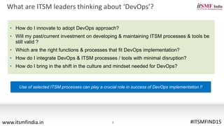 What are ITSM leaders thinking about ‘DevOps’?
Use of selected ITSM processes can play a crucial role in success of DevOps implementation !!
• How do I innovate to adopt DevOps approach?
• Will my past/current investment on developing & maintaining ITSM processes & tools be
still valid ?
• Which are the right functions & processes that fit DevOps implementation?
• How do I integrate DevOps & ITSM processes / tools with minimal disruption?
• How do I bring in the shift in the culture and mindset needed for DevOps?
8 #ITSMFIND15www.itsmfindia.in
 