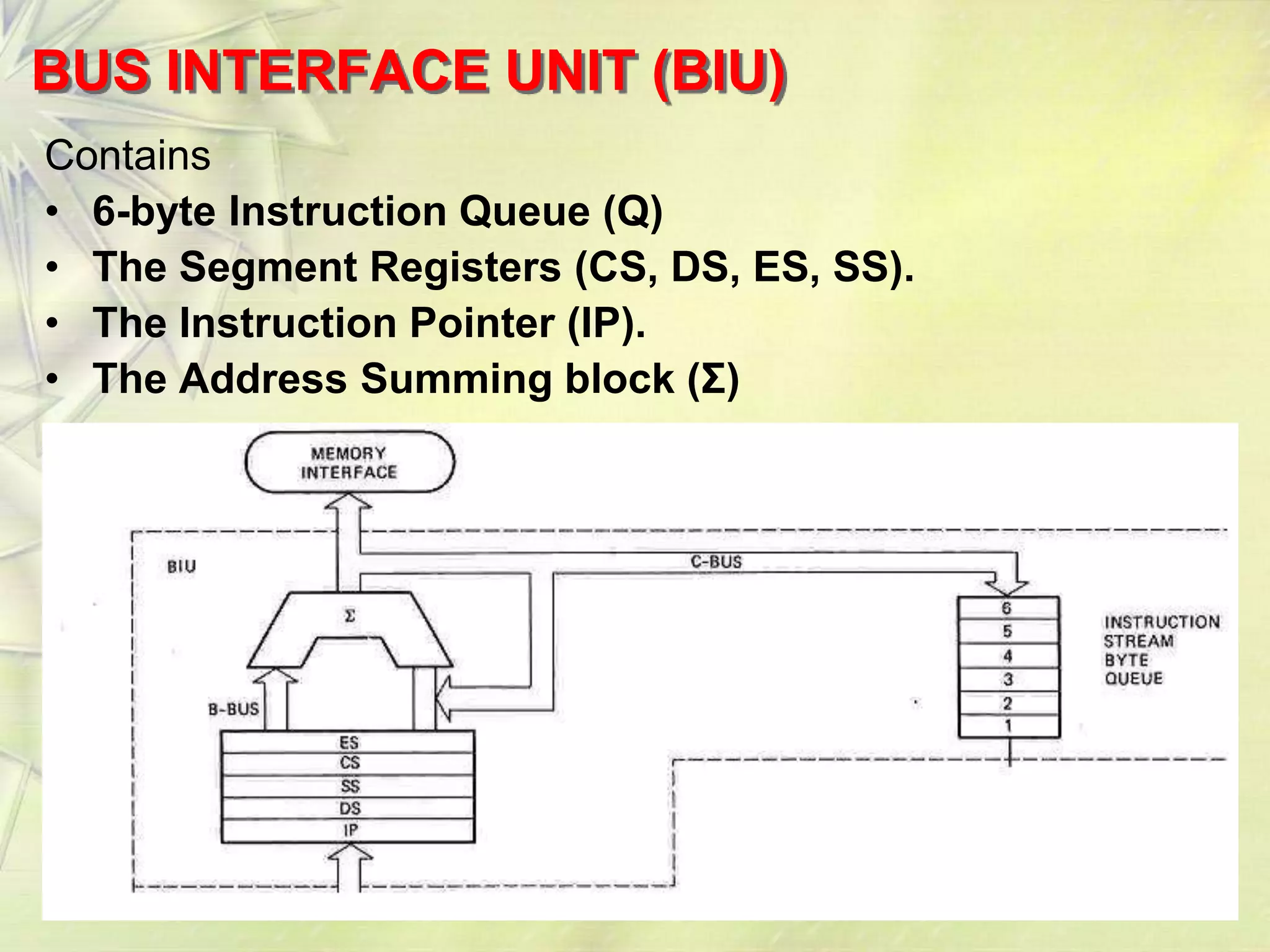 7
BUS INTERFACE UNIT (BIU)
Contains
• 6-byte Instruction Queue (Q)
• The Segment Registers (CS, DS, ES, SS).
• The Instruction Pointer (IP).
• The Address Summing block (Σ)
 
