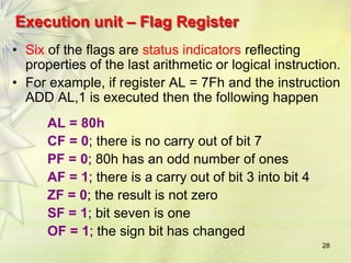 28
Execution unit – Flag Register
• Six of the flags are status indicators reflecting
properties of the last arithmetic or logical instruction.
• For example, if register AL = 7Fh and the instruction
ADD AL,1 is executed then the following happen
AL = 80h
CF = 0; there is no carry out of bit 7
PF = 0; 80h has an odd number of ones
AF = 1; there is a carry out of bit 3 into bit 4
ZF = 0; the result is not zero
SF = 1; bit seven is one
OF = 1; the sign bit has changed
 
