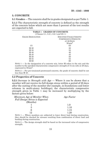 IS : 1343 - 1980
5. CONCRETE
5.1 Grades — The concrete shall be in grades designated as per Table 1.
5.1.1 The characteristic strength of concrete is defined as the strength
of the concrete below which not more than 5 percent of the test results
are expected to fall.
                      TABLE 1 GRADES OF CONCRETE
                        ( Clauses 5.1, 5.2.1, 8.2.1 and 20.1 )
          GRADE DESIGNATION                        SPECIFIED CHARACTERISTIC
                                                    COMPRESSIVE STRENGTH
                                                           AT 28 DAYS
                                                             N/mm2
                  (1)                                           (2)
                 M 30                                           30
                 M 35                                           35
                 M 40                                           40
                 M 45                                           45
                 M 50                                           50
                 M 55                                           55
                 M 60                                           60
  NOTE 1 — In the designation of a concrete mix, letter M refers to the mix and the
  number to the specified characteristic compressive strength of 15-cm cube at 28 days,
  expressed in N/mm2.
  NOTE 2 — For pre-tensioned prestressed concrete, the grade of concrete shall be not
  less than M 40.

5.2 Properties of Concrete
5.2.1 Increase in Strength with Age — Where it can be shown that a
member will not receive its full design stress within a period of 28 days
after the casting of the member (for example, in foundations and lower
columns in multi-storey buildings); the characteristic compressive
strength given in Table 1 may be increased by multiplying by the
factors given below:
  Minimum Age of Member When                     Age Factor
   Full Design Stress is Expected
              (Months)
                  1                                 1.0
                  3                                 1.10
                  6                                 1.15
                 12                                 1.20
  NOTE 1 — Where members are subjected to lower direct load during construction,
  they should be checked for stresses resulting from combination of direct load and
  bending during construction.
  NOTE 2 — The design strength shall be based on the increased value of compressive
  strength.

                                         15
 