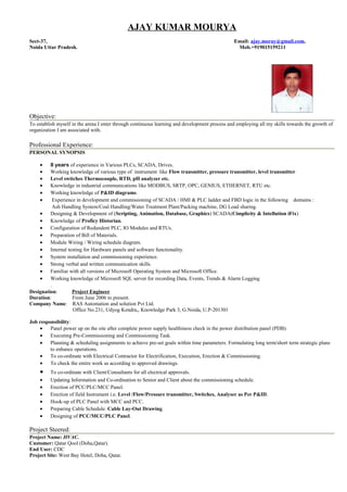 AJAY KUMAR MOURYA
Sect-37, Email: ajay.moray@gmail.com,
Noida Uttar Pradesh. Mob.+919015159211
Objective:
To establish myself in the arena I enter through continuous learning and development process and employing all my skills towards the growth of
organization I am associated with.
Professional Experience:
PERSONAL SYNOPSIS
• 8 years of experience in Various PLCs, SCADA, Drives.
• Working knowledge of various type of instrument like Flow transmitter, pressure transmitter, level transmitter
• Level switches Thermocouple, RTD, pH analyzer etc.
• Knowledge in industrial communications like MODBUS, SRTP, OPC, GENIUS, ETHERNET, RTU etc.
• Working knowledge of P&ID diagrams.
• Experience in development and commissioning of SCADA / HMI & PLC ladder and FBD logic in the following domains :
Ash Handling System/Coal Handling/Water Treatment Plant/Packing machine, DG Load sharing.
• Designing & Development of (Scripting, Animation, Database, Graphics) SCADA(Cimplicity & Intellution iFix)
• Knowledge of Proficy Historian.
• Configuration of Redundent PLC, IO Modules and RTUs.
• Preparation of Bill of Materials.
• Module Wiring / Wiring schedule diagram.
• Internal testing for Hardware panels and software functionality.
• System installation and commissioning experience.
• Strong verbal and written communication skills.
• Familiar with all versions of Microsoft Operating System and Microsoft Office.
• Working knowledge of Microsoft SQL server for recording Data, Events, Trends & Alarm Logging
.
Designation: Project Engineer
Duration: From June 2006 to present.
Company Name: RAS Automation and solution Pvt Ltd.
Office No.231, Udyog Kendra,, Knowledge Park 3, G.Noida, U.P-201301
Job responsibility:
• Panel power up on the site after complete power supply healthiness check in the power distribution panel (PDB).
• Executing Pre-Commissioning and Commissioning Task.
• Planning & scheduling assignments to achieve pre-set goals within time parameters. Formulating long term/short term strategic plans
to enhance operations.
• To co-ordinate with Electrical Contractor for Electrification, Execution, Erection & Commissioning.
• To check the entire work as according to approved drawings.
• To co-ordinate with Client/Consultants for all electrical approvals.
• Updating Information and Co-ordination to Senior and Client about the commissioning schedule.
• Erection of PCC/PLC/MCC Panel.
• Erection of field Instrument i.e. Level /Flow/Pressure transmitter, Switches, Analyser as Per P&ID.
• Hook-up of PLC Panel with MCC and PCC.
• Preparing Cable Schedule. Cable Lay-Out Drawing.
• Designing of PCC/MCC/PLC Panel.
Project Steered:
Project Name: HVAC.
Customer: Qatar Qool (Doha,Qatar).
End User: CDC
Project Site: West Bay Hotel, Doha, Qatar.
 