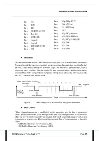 Biomedical Wireless Sensor Network
DDU (Faculty of Tech., Dept. of IT) Page 45
 Procedure
Data enters the XBee Module UART through the DI pin (pin 3) as an asynchronous serial signal.
The signal should idle high when no data is being transmitted. Each data byte consists of a start
bit (low), 8 data bits (LSB first) and a stop bit (high). The XBee UART performs tasks, such as
timing and parity checking, that are needed for data communications. Serial communication
consists of two UARTs configured with compatible settings (baud rate, parity, start bits, stop bits,
data bits). One illustration is given below
Figure 7.2 UART data packet 0x1F transmitted through the RF module
 Flow Control
When physical connection is established, at the transmitter site the data is transmitted
from microcontroller to XBee through buffer and vice versa procedure at the receiver.
Here we have to mention in software program that which connected XBee is worked as a
transmitter or as a receiver. The internal diagram and flow of communication is shown in
figure.
•DI Buffer, Hardware Flow Control (CTS).
•DO Buffer, Hardware Flow Control (RTS).
 