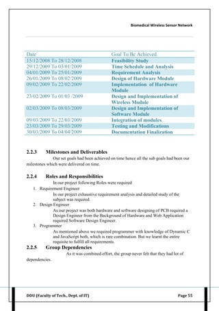 Biomedical Wireless Sensor Network
DDU (Faculty of Tech., Dept. of IT) Page 55
Date Goal To Be Achieved
15/12/2008 To 28/12/2008 Feasibility Study
29/12/2009 To 03/01/2009 Time Schedule and Analysis
04/01/2009 To 25/01/2009 Requirement Analysis
26/01/2009 To 08/02/2009 Design of Hardware Module
09/02/2009 To 22/02/2009 Implementation of Hardware
Module
23/02/2009 To 01/03 /2009 Design and Implementation of
Wireless Module
02/03/2009 To 08/03/2009 Design and Implementation of
Software Module
09/03/2009 To 22/03/2009 Integration of modules
23/03/2009 To 29/03/2009 Testing and Modifications
30/03/2009 To 04/04/2009 Documentation Finalization
2.2.3 Milestones and Deliverables
Our set goals had been achieved on time hence all the sub goals had been our
milestones which were delivered on time.
2.2.4 Roles and Responsibilities
In our project following Roles were required
1. Requirement Engineer
In our project exhaustive requirement analysis and detailed study of the
subject was required.
2. Design Engineer
As our project was both hardware and software designing of PCB required a
Design Engineer from the Background of Hardware and Web Application
required Software Design Engineer.
3. Programmer
As mentioned above we required programmer with knowledge of Dynamic C
and JavaScript both, which is rare combination. But we learnt the entire
requisite to fulfill all requirements.
2.2.5 Group Dependencies
As it was combined effort, the group never felt that they had lot of
dependencies.
 