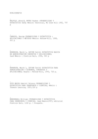 BIBLIOGRAFIA

.
WALPOLE ,Ronald, MYERS Raymon :PROBABILIDAD Y
ESTADÍSTICA 4aed; Mexico: Editorial, Mc Graw Hill 1992, 797
p



.
CANAVOS, George PROBABILIDAD Y ESTADÍSTICA :
APLICACIONES Y MÉTODOS México: McGraw-Hill, 1988,
651 p



.
BERENSON, Marck L, LEVINE David: ESTADÍSTICA BASICA
EN ADMINISTRACIÓN CONCEPTOS Y APLICACIONES;
6aed México : Prentice-Hall, 1996, 943 p



.
BERENSON, Marck L, LEVINE David: ESTADÍSTICA PARA
ADMINISTRACIÓN Y ECONOMÍA, CONCEPTOS Y
APLICACIONES; Bogotá : McGraw-Hill, 1993, 720 p.



.
SOTO MAYOR Gabriel Velazco PROBABILIDAD Y
ESTADÍSTICA PARA INGENIARÍA Y CIENCIAS, México :
Thomson Learning, 2001,326 p



.
MENDENHALL William: PROBABILIDAD Y ESTADÍSTICA
PARA INGENIERÍA Y CIENCIAS. 4aed Mexico1997; editorial
Prentice Hall, 1182 p. + Disquete.
 