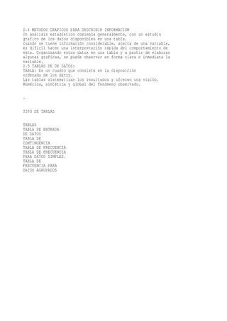 2.4 METODOS GRAFICOS PARA DESCRIBIR INFORMACION
Un análisis estadístico comienza generalmente, con un estudio
grafico de los datos disponibles en una tabla.
Cuando se tiene información considerable, acerca de una variable,
es difícil hacer una interpretación rápida del comportamiento de
esta. Organizando estos datos en una tabla y a partir de elaborar
algunas graficas, se puede observar en forma clara e inmediata la
variable.
2.5 TABLAS DE DE DATOS:
TABLA: Es un cuadro que consiste en la disposición
ordenada de los datos.
Las tablas sistematizan los resultados y ofrecen una visión.
Numérica, sintética y global del fenómeno observado.

.

TIPO DE TABLAS


TABLAS
TABLA DE ENTRADA
DE DATOS
TABLA DE
CONTINGENCIA
TABLA DE FRECUENCIA
TABLA DE FRECUENCIA
PARA DATOS SIMPLES.
TABLA DE
FRECUENCIA PARA
DATOS AGRUPADOS
 