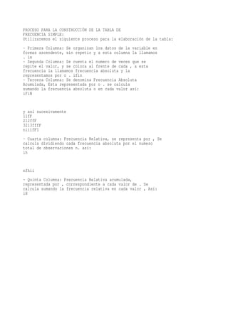 PROCESO PARA LA CONSTRUCCIÓN DE LA TABLA DE
FRECUENCIA SIMPLE:
Utilizaremos el siguiente proceso para la elaboración de la tabla:
- Primera Columna: Se organizan los datos de la variable en
formas ascendente, sin repetir y a esta columna la llamamos
. ix
- Segunda Columna: Se cuenta el numero de veces que se
repite el valor, y se coloca al frente de cada , a esta
frecuencia la llamamos frecuencia absoluta y la
representamos por o . ifin
- Tercera Columna: Se denomina Frecuencia Absoluta
Acumulada, Esta representada por o . se calcula
sumando la frecuencia absoluta o en cada valor así:
iFiN


y así sucesivamente
11fF
212ffF
3213fffF
niiifF1
- Cuarta columna: Frecuencia Relativa, se representa por , Se
calcula dividiendo cada frecuencia absoluta por el numero
total de observaciones n. así:
ih


nfhii
- Quinta Columna: Frecuencia Relativa acumulada,
representada por , correspondiente a cada valor de . Se
calcula sumando la frecuencia relativa en cada valor , Así:
iH
 