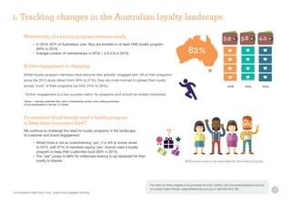 13
Membership of a loyalty program remains steady
	 •	 In 2016, 82% of Australians over 18yo are enrolled in at least ONE loyalty program
		 (84% in 2015)
	 •	 Average number of memberships in 2016 = 3.9 (3.8 in 2015)
Active engagement is changing
Whilst loyalty program members have become less actively* engaged with ‘All of their programs’
since the 2015 study (down from 59% to 51%), they are more inclined to spread their loyalty
across ‘most’ of their programs (up from 24% to 28%).
‘Active’ engagement is a key success metric for programs and should be closely monitored.
Do members think brands need a loyalty program
to keep their customers loyal?
We continue to challenge the need for loyalty programs in the landscape
of customer and brand engagement.
	 •	 Whilst there is not an overwhelming ‘yes’, it is still at similar levels
		 to 2015, with 57% of members saying ‘yes’, brands need a loyalty 				
		 program to keep their customers loyal (58% in 2015) .
	 •	 The “yes” jumps to 68% for millennials looking to be rewarded for their 				
		 loyalty to brands.
?
1. Tracking changes in the Australian loyalty landscape
82%
*Active = member presented their card or membership number when making purchases
or accruing benefits in the last 12 months
2013
4.03.83.9
20152016
Millennials want to be rewarded for their brand loyalty
© COPYRIGHT DIRECTIVITY 2016 - EXECUTIVE SUMMARY EDITION
For more on these insights or to purchase the FULL edition visit www.theloyaltypoint.com.au
or contact Adam Posner: adam@directivity.com.au or call 0433 818 190
 