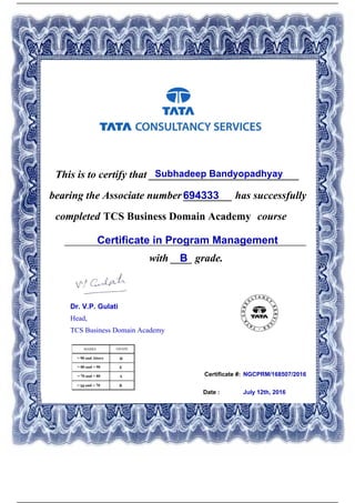 Certificate #:
This is to certify that ____________________________Subhadeep Bandyopadhyay
694333bearing the Associate number _________ has successfully
completed TCS Business Domain Academy course
Certificate in Program Management_____________________________________________
with ____ grade.B
NGCPRM/168507/2016
Date : July 12th, 2016
Dr. V.P. Gulati
Head,
TCS Business Domain Academy
Powered by TCPDF (www.tcpdf.org)
 