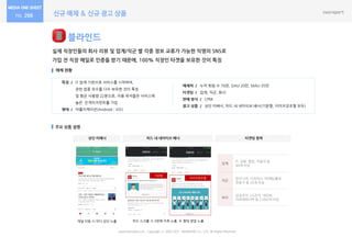 신규 매체 & 신규 광고 상품266
블라인드
실제 직장인들의 회사 리뷰 및 업계/직군 별 각종 정보 교류가 가능한 익명의 SNS로
가입 전 직장 메일로 인증을 받기 때문에, 100% 직장인 타겟을 보유한 것이 특징
매체 현황
주요 상품 설명
특징 / IT 업계 기반으로 서비스를 시작하여,
관련 업종 모수를 다수 보유한 것이 특징
일 평균 사용량 22분으로, 이용 유저들은 서비스에
높은 인게이지먼트를 가짐
형태 / 어플리케이션(Android│iOS)
피드 내 네이티브 배너 타겟팅 항목
매체력 / 누적 회원 수 70만, DAU 20만, MAU 35만
타겟팅 / 업계, 직군, 회사
판매 방식 / CPM
광고 상품 / 상단 띠배너, 피드 내 네이티브 배너(기본형, 이미지강조형 모두)
www.nasmedia.co.kr Copyright ⓒ 2000-2017 NASMEDIA Co., LTD. All Rights Reserved.
업계
IT, 금융, 항공, 자동차 등
40개 이상
직군
엔지니어, 디자이너, 마케팅/홍보
전문가 등 20개 이상
회사
삼성전자, LG전자, 네이버,
아모레퍼시픽 등 2,000개 이상
상단 띠배너
기본형
이미지강조형
채널 이동 시 마다 상단 노출 피드 스크롤 시 3번째 이후 노출, 두 형태 랜덤 노출
 