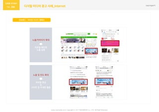 266 디지털 미디어 광고 사례_Internet
강원랜드 – 하이원 리조트 캠페인
www.nasmedia.co.kr Copyright ⓒ 2017 NASMEDIA Co., LTD. All Right Reserved
노출/커버리지 확대
빅포털 메인면
노출 집중
노출 및 빈도 확대
모바일 중심
&
서브면 및 주제판 활용
 