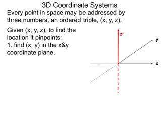 Every point in space may be addressed by
three numbers, an ordered triple, (x, y, z).
Given (x, y, z), to find the
location it pinpoints:
1. find (x, y) in the x&y
coordinate plane,
3D Coordinate Systems
y
z+
x
 