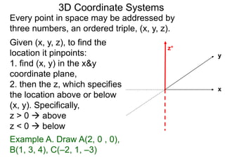 Every point in space may be addressed by
three numbers, an ordered triple, (x, y, z).
Given (x, y, z), to find the
location it pinpoints:
1. find (x, y) in the x&y
coordinate plane,
2. then the z, which specifies
the location above or below
(x, y). Specifically,
z > 0  above
z < 0  below
Example A. Draw A(2, 0 , 0),
B(1, 3, 4), C(–2, 1, –3)
3D Coordinate Systems
y
z+
x
 