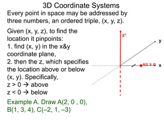 y
z+
Example A. Draw A(2, 0 , 0),
B(1, 3, 4), C(–2, 1, –3)
3D Coordinate Systems
xA(2, 0, 0)
Given (x, y, z), to find the
location it pinpoints:
1. find (x, y) in the x&y
coordinate plane,
2. then the z, which specifies
the location above or below
(x, y). Specifically,
z > 0  above
z < 0  below
Every point in space may be addressed by
three numbers, an ordered triple, (x, y, z).
 
