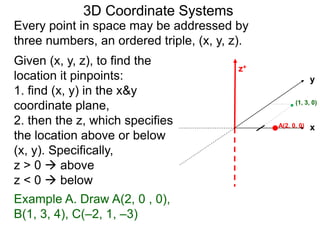 y
z+
Example A. Draw A(2, 0 , 0),
B(1, 3, 4), C(–2, 1, –3)
3D Coordinate Systems
xA(2, 0, 0)
(1, 3, 0)
Given (x, y, z), to find the
location it pinpoints:
1. find (x, y) in the x&y
coordinate plane,
2. then the z, which specifies
the location above or below
(x, y). Specifically,
z > 0  above
z < 0  below
Every point in space may be addressed by
three numbers, an ordered triple, (x, y, z).
 