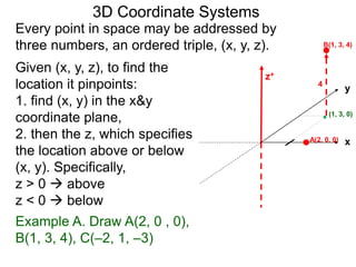 y
z+
Example A. Draw A(2, 0 , 0),
B(1, 3, 4), C(–2, 1, –3)
3D Coordinate Systems
xA(2, 0, 0)
(1, 3, 0)
B(1, 3, 4)
4
Given (x, y, z), to find the
location it pinpoints:
1. find (x, y) in the x&y
coordinate plane,
2. then the z, which specifies
the location above or below
(x, y). Specifically,
z > 0  above
z < 0  below
Every point in space may be addressed by
three numbers, an ordered triple, (x, y, z).
 