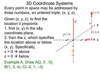 y
z+
Example A. Draw A(2, 0 , 0),
B(1, 3, 4), C(–2, 1, –3)
3D Coordinate Systems
xA(2, 0, 0)
(–2, 1, 0)
4
Given (x, y, z), to find the
location it pinpoints:
1. find (x, y) in the x&y
coordinate plane,
2. then the z, which specifies
the location above or below
(x, y). Specifically,
z > 0  above
z < 0  below
Every point in space may be addressed by
three numbers, an ordered triple, (x, y, z).
(1, 3, 0)
B(1, 3, 4)
 