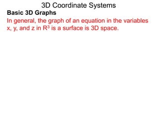 Basic 3D Graphs
3D Coordinate Systems
In general, the graph of an equation in the variables
x, y, and z in R3 is a surface is 3D space.
 