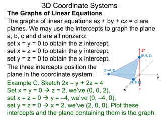 x
z+
The graphs of linear equations ax + by + cz = d are
planes. We may use the intercepts to graph the plane
a, b, c and d are all nonzero:
set x = y = 0 to obtain the z intercept,
set x = z = 0 to obtain the y intercept,
set y = z = 0 to obtain the x intercept.
Example C. Sketch 2x – y + 2z = 4
Set x = y = 0  z = 2, we’ve (0, 0, 2),
set x = z = 0  y = –4, we’ve (0, –4, 0),
set y = z = 0  x = 2, we’ve (2, 0, 0). Plot these
intercepts and the plane containing them is the graph.
y
3D Coordinate Systems
The Graphs of Linear Equations
The three intercepts position the
plane in the coordinate system.
(0, 0, 2)
(0,–4, 0)
(2, 0, 0)
 
