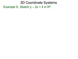 Example D. Sketch y – 2x = 4 in R3.
3D Coordinate Systems
 
