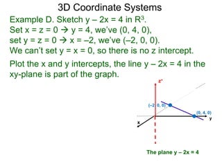 x
z+
Example D. Sketch y – 2x = 4 in R3.
Set x = z = 0  y = 4, we’ve (0, 4, 0),
set y = z = 0  x = –2, we’ve (–2, 0, 0).
We can’t set y = x = 0, so there is no z intercept.
Plot the x and y intercepts, the line y – 2x = 4 in the
xy-plane is part of the graph.
3D Coordinate Systems
The plane y – 2x = 4
y
(0, 4, 0)
(–2, 0, 0)
 