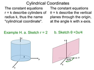 The constant equations
r = k describe cylinders of
radius k, thus the name
"cylindrical coordinate".
x
y
Example H. a. Sketch r = 2
2
The constant equations
 = k describe the vertical
planes through the origin,
at the angle k with x-axis.
b. Sketch θ =3π/4
3π/4
Cylindrical Coordinates
z
x
y
z
 