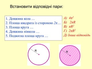 R R
Встановити відповідні пари:
1. Довжина кола …
2. Площа квадрата із стороною 2π…
3. Площа круга …
4. Довжина півкола …
5. Подвоєна площа круга …
А) 4π2
Б) 2πR
B) πR2
Г) 2πR2
Д) Інша відповідь
 