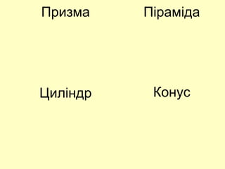 Призма Піраміда
Циліндр Конус
 