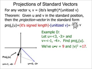 Projv(u)
Projections of Standard Vectors
Projv(u)
u=<3, -3>v=<-1, -4>
For any vector v, v = (its's length)*(unitized v)
Example D:
Let u=<3, -3> and
v=<-1, -4>. Find projv(u).
We've u•v = 9 and |v|2 =17.
Theorem: Given u and v in the standard position,
then the projection-vector in the standard form
projv(u)=(it's signed length)*(unitized v)= vu•v
|v|2
 