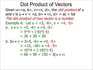 Example A: Let u = <5, -6>, v = <4, -5>
a. u  v = <5, -6>  <4, -5>
= 5*4 + (-6)*(-5)
= 20 + 30 = 50
Given u=<a, b>, v=<c, d>, the dot product of u
and v is u  v = <a, b>  <c, d> = ac + bd
The dot product of two vector is a number.
Dot Product of Vectors
b. 3u  v = 3<5, -6>  <4, -5>
= <15, -18>  <4, -5>
= 15*4 + (-18)*(-5)
= 60 + 90 = 150 = 3(u  v)
 