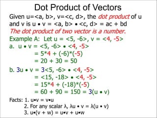 Example A: Let u = <5, -6>, v = <4, -5>
a. u  v = <5, -6>  <4, -5>
= 5*4 + (-6)*(-5)
= 20 + 30 = 50
Given u=<a, b>, v=<c, d>, the dot product of u
and v is u  v = <a, b>  <c, d> = ac + bd
The dot product of two vector is a number.
Dot Product of Vectors
b. 3u  v = 3<5, -6>  <4, -5>
= <15, -18>  <4, -5>
= 15*4 + (-18)*(-5)
= 60 + 90 = 150 = 3(u  v)
Facts: 1. u•v = v•u
2. For any scalar λ, λu • v = λ(u • v)
3. u•(v + w) = u•v + u•w
 