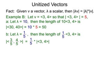 Fact: Given v a vector, λ a scalar, then |λv| = |λ|*|v|.
Example B: Let v = <3, 4> so that | <3, 4> | = 5,
a: Let λ = 10, then the length of 10<3, 4> is
|<30, 40>| = 10 * 5 = 50
b: Let λ = , then the length of <3, 4> is
|< , >| = * |<3, 4>|
1
5
1
5
3
5
4
5
1
5
Unitized Vectors
 