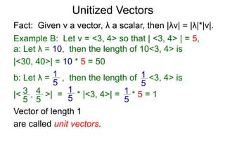 Fact: Given v a vector, λ a scalar, then |λv| = |λ|*|v|.
Example B: Let v = <3, 4> so that | <3, 4> | = 5,
a: Let λ = 10, then the length of 10<3, 4> is
|<30, 40>| = 10 * 5 = 50
b: Let λ = , then the length of <3, 4> is
|< , >| = * |<3, 4>| = * 5 = 1
1
5
1
5
3
5
4
5
1
5
1
5
Vector of length 1
are called unit vectors.
Unitized Vectors
 