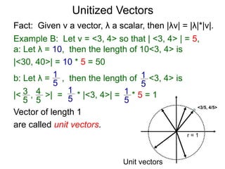 Fact: Given v a vector, λ a scalar, then |λv| = |λ|*|v|.
Example B: Let v = <3, 4> so that | <3, 4> | = 5,
a: Let λ = 10, then the length of 10<3, 4> is
|<30, 40>| = 10 * 5 = 50
b: Let λ = , then the length of <3, 4> is
|< , >| = * |<3, 4>| = * 5 = 1
1
5
1
5
3
5
4
5
1
5
1
5
Vector of length 1
are called unit vectors.
<3/5, 4/5>
r = 1
Unit vectors
Unitized Vectors
 