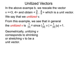 Unitized Vectors
In the above exampe b. we rescale the vector
v =<3, 4> and obtain < > which is a unit vector.
We say that we unitized v.
3
5
4
5,
Geometrically, unitizing v
corresponds to shrinking
or stretching v to be a
unit vector.
From this example, we see that in general
the unitized v is since | v | = 1.1
|v|
1
|v| |v| =
1
|v|
v
 