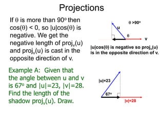 Projections
If  is more than 90o then
cos() < 0, so |u|cos() is
negative. We get the
negative length of projv(u)
and projv(u) is cast in the
opposite direction of v.
u
v
|u|cos() is negative so projv(u)
is in the opposite direction of v.

Example A: Given that
the angle between u and v
is 67o and |u|=23, |v|=28.
Find the length of the
shadow projv(u). Draw.
|u|=23
67o
|v|=28
 >90o
 