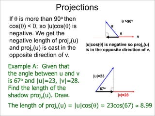 Projections
If  is more than 90o then
cos() < 0, so |u|cos() is
negative. We get the
negative length of projv(u)
and projv(u) is cast in the
opposite direction of v.
u
v
|u|cos() is negative so projv(u)
is in the opposite direction of v.

Example A: Given that
the angle between u and v
is 67o and |u|=23, |v|=28.
Find the length of the
shadow projv(u). Draw.
|u|=23
67o
|v|=28
The length of projv(u) = |u|cos() = 23cos(67)  8.99
 >90o
 