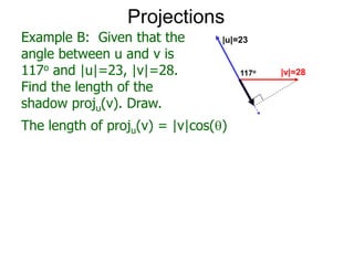 Projections
Example B: Given that the
angle between u and v is
117o and |u|=23, |v|=28.
Find the length of the
shadow proju(v). Draw.
|u|=23
117o |v|=28
The length of proju(v) = |v|cos()
 