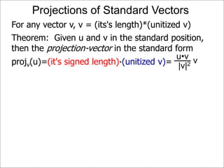 Projections of Standard Vectors
For any vector v, v = (its's length)*(unitized v)
Theorem: Given u and v in the standard position,
then the projection-vector in the standard form
projv(u)=(it's signed length)*(unitized v)= vu•v
|v|2
 