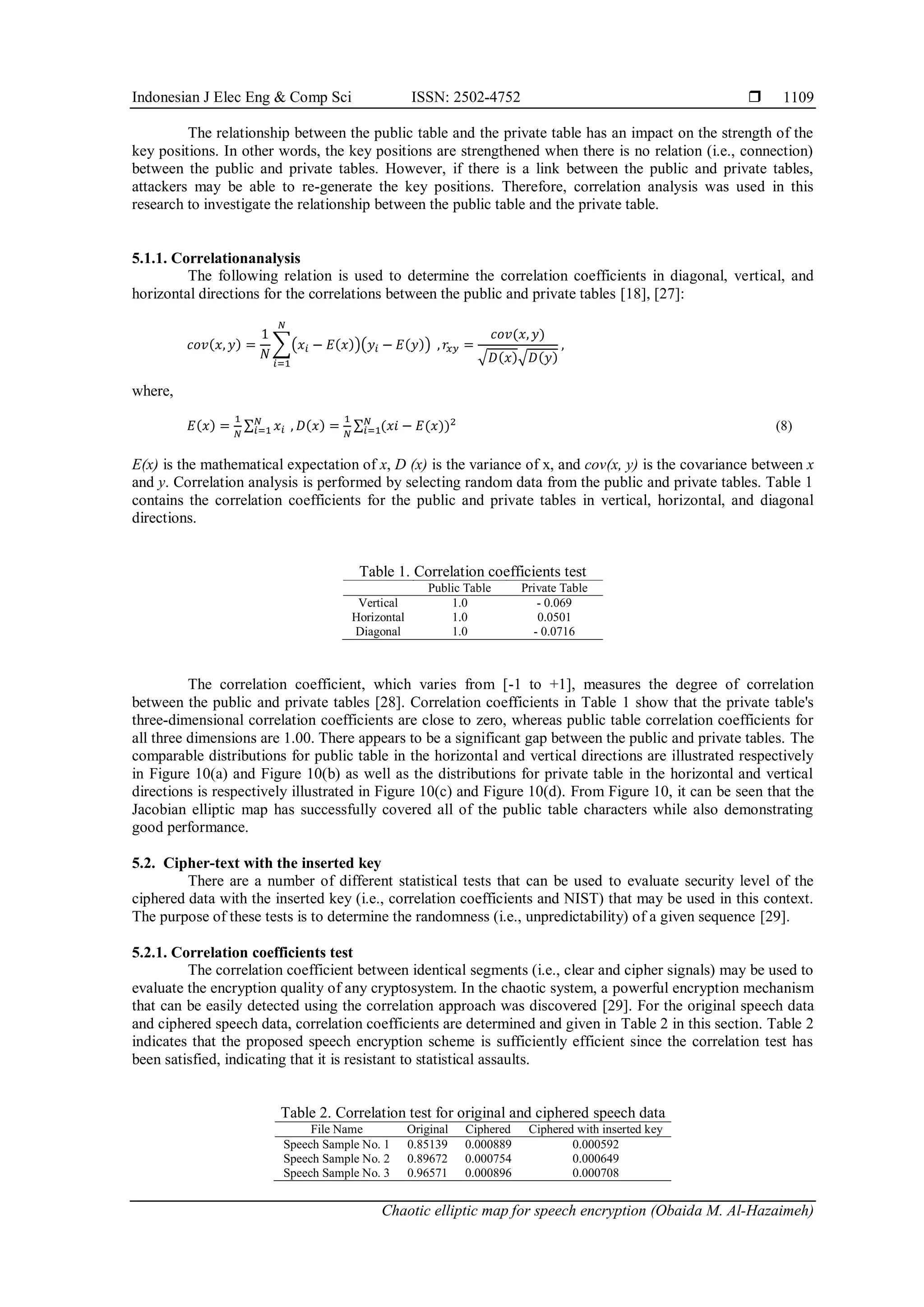 Indonesian J Elec Eng & Comp Sci ISSN: 2502-4752 
Chaotic elliptic map for speech encryption (Obaida M. Al-Hazaimeh)
1109
The relationship between the public table and the private table has an impact on the strength of the
key positions. In other words, the key positions are strengthened when there is no relation (i.e., connection)
between the public and private tables. However, if there is a link between the public and private tables,
attackers may be able to re-generate the key positions. Therefore, correlation analysis was used in this
research to investigate the relationship between the public table and the private table.
5.1.1. Correlationanalysis
The following relation is used to determine the correlation coefficients in diagonal, vertical, and
horizontal directions for the correlations between the public and private tables [18], [27]:
𝑐𝑜𝑣(𝑥, 𝑦) =
1
𝑁
∑(𝑥𝑖 − 𝐸(𝑥))(𝑦𝑖 − 𝐸(𝑦)) , 𝑟𝑥𝑦
𝑁
𝑖=1
=
𝑐𝑜𝑣(𝑥, 𝑦)
√𝐷(𝑥)√𝐷(𝑦)
,
where,
𝐸(𝑥) =
1
𝑁
∑ 𝑥𝑖
𝑁
𝑖=1 , 𝐷(𝑥) =
1
𝑁
∑ (𝑥𝑖 − 𝐸(𝑥))2
𝑁
𝑖=1 (8)
E(x) is the mathematical expectation of x, D (x) is the variance of x, and cov(x, y) is the covariance between x
and y. Correlation analysis is performed by selecting random data from the public and private tables. Table 1
contains the correlation coefficients for the public and private tables in vertical, horizontal, and diagonal
directions.
Table 1. Correlation coefficients test
Public Table Private Table
Vertical 1.0 - 0.069
Horizontal 1.0 0.0501
Diagonal 1.0 - 0.0716
The correlation coefficient, which varies from [-1 to +1], measures the degree of correlation
between the public and private tables [28]. Correlation coefficients in Table 1 show that the private table's
three-dimensional correlation coefficients are close to zero, whereas public table correlation coefficients for
all three dimensions are 1.00. There appears to be a significant gap between the public and private tables. The
comparable distributions for public table in the horizontal and vertical directions are illustrated respectively
in Figure 10(a) and Figure 10(b) as well as the distributions for private table in the horizontal and vertical
directions is respectively illustrated in Figure 10(c) and Figure 10(d). From Figure 10, it can be seen that the
Jacobian elliptic map has successfully covered all of the public table characters while also demonstrating
good performance.
5.2. Cipher-text with the inserted key
There are a number of different statistical tests that can be used to evaluate security level of the
ciphered data with the inserted key (i.e., correlation coefficients and NIST) that may be used in this context.
The purpose of these tests is to determine the randomness (i.e., unpredictability) of a given sequence [29].
5.2.1. Correlation coefficients test
The correlation coefficient between identical segments (i.e., clear and cipher signals) may be used to
evaluate the encryption quality of any cryptosystem. In the chaotic system, a powerful encryption mechanism
that can be easily detected using the correlation approach was discovered [29]. For the original speech data
and ciphered speech data, correlation coefficients are determined and given in Table 2 in this section. Table 2
indicates that the proposed speech encryption scheme is sufficiently efficient since the correlation test has
been satisfied, indicating that it is resistant to statistical assaults.
Table 2. Correlation test for original and ciphered speech data
File Name Original Ciphered Ciphered with inserted key
Speech Sample No. 1 0.85139 0.000889 0.000592
Speech Sample No. 2 0.89672 0.000754 0.000649
Speech Sample No. 3 0.96571 0.000896 0.000708
 