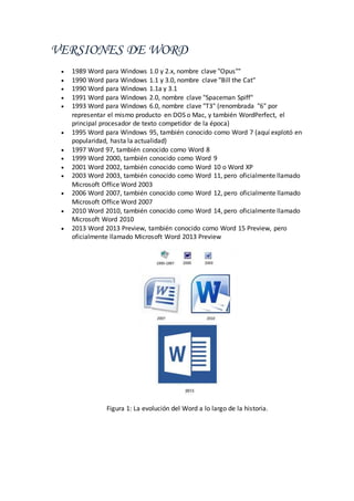 VERSIONES DE WORD
 1989 Word para Windows 1.0 y 2.x, nombre clave "Opus""
 1990 Word para Windows 1.1 y 3.0, nombre clave "Bill the Cat"
 1990 Word para Windows 1.1a y 3.1
 1991 Word para Windows 2.0, nombre clave "Spaceman Spiff"
 1993 Word para Windows 6.0, nombre clave "T3" (renombrada "6" por
representar el mismo producto en DOS o Mac, y también WordPerfect, el
principal procesador de texto competidor de la época)
 1995 Word para Windows 95, también conocido como Word 7 (aquí explotó en
popularidad, hasta la actualidad)
 1997 Word 97, también conocido como Word 8
 1999 Word 2000, también conocido como Word 9
 2001 Word 2002, también conocido como Word 10 o Word XP
 2003 Word 2003, también conocido como Word 11, pero oficialmente llamado
Microsoft Office Word 2003
 2006 Word 2007, también conocido como Word 12, pero oficialmente llamado
Microsoft Office Word 2007
 2010 Word 2010, también conocido como Word 14, pero oficialmente llamado
Microsoft Word 2010
 2013 Word 2013 Preview, también conocido como Word 15 Preview, pero
oficialmente llamado Microsoft Word 2013 Preview
Figura 1: La evolución del Word a lo largo de la historia.
 